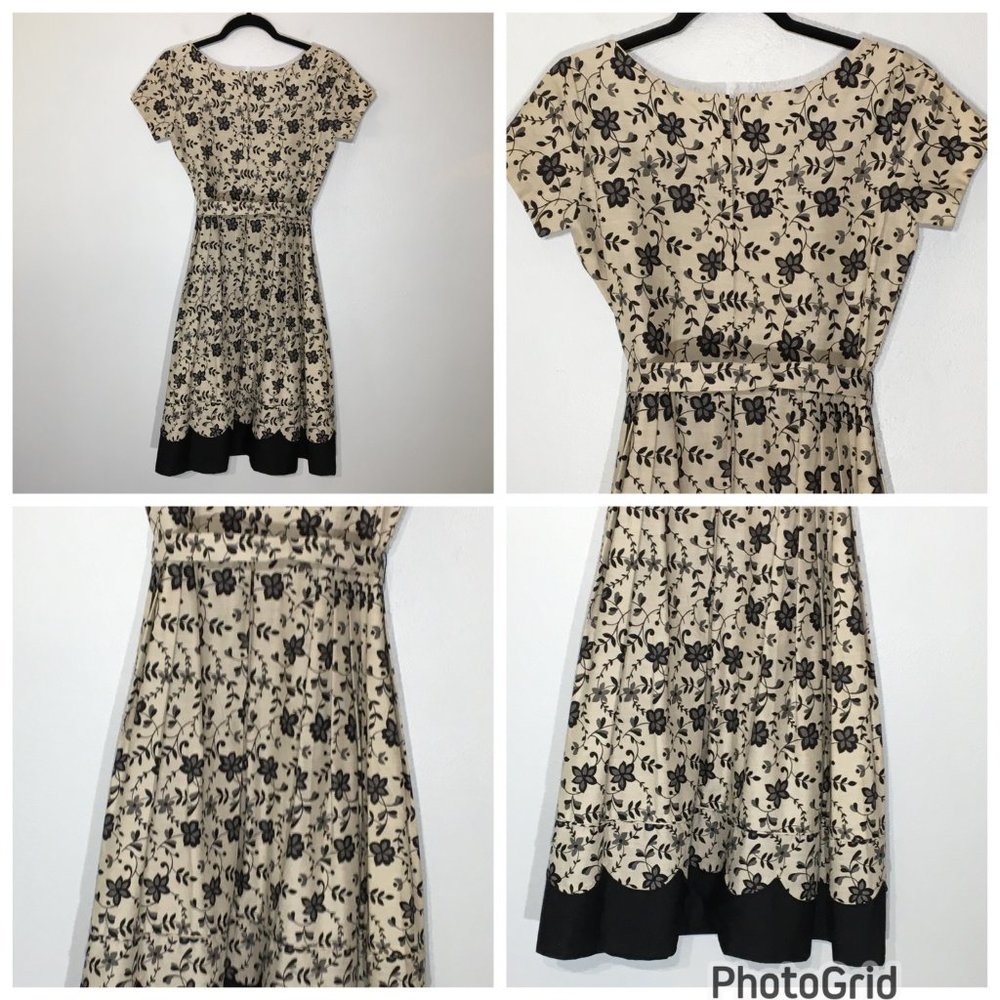 Vintage 50s Tan Floral Fit and Flare Party Dress Matching Belt Pleated Skirt VLV - Picture 6 of 16